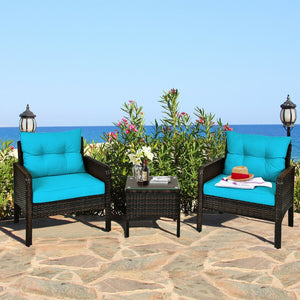 3-Piece Outdoor Patio Rattan Conversation Set with Seat Cushions - Turquoise