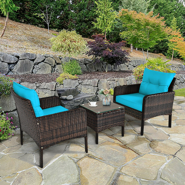 3-Piece Outdoor Patio Rattan Conversation Set with Seat Cushions - Turquoise