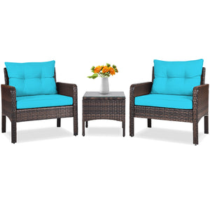 3-Piece Outdoor Patio Rattan Conversation Set with Seat Cushions - Turquoise