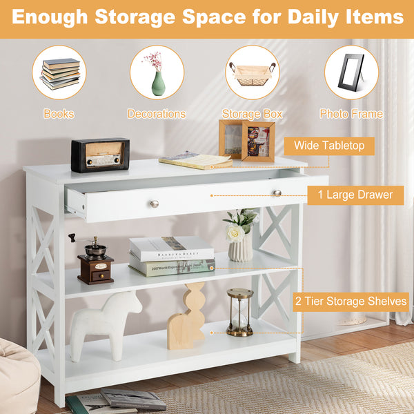 Table console à 3 niveaux avec tiroir et étagères de rangement - Blanc