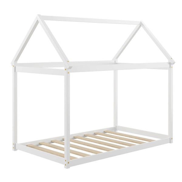 Lit maison Montessori blanc pour enfant avec toit décoratif et sommier à lattes – Bois massif