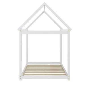 Lit maison Montessori blanc pour enfant avec toit décoratif et sommier à lattes – Bois massif