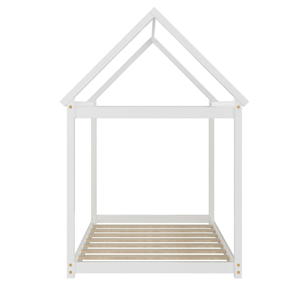 Lit maison Montessori blanc pour enfant avec toit décoratif et sommier à lattes – Bois massif