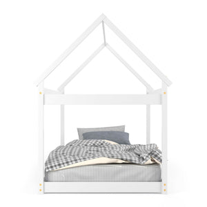 Lit maison Montessori blanc pour enfant avec toit décoratif et sommier à lattes – Bois massif