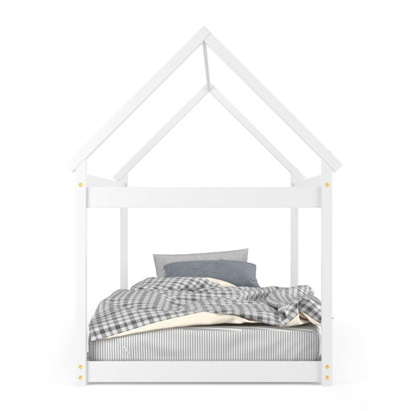 Lit maison Montessori blanc pour enfant avec toit décoratif et sommier à lattes – Bois massif