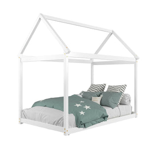 Lit maison Montessori blanc pour enfant avec toit décoratif et sommier à lattes – Bois massif
