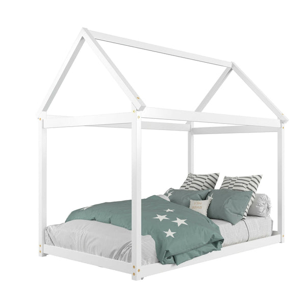 Lit maison Montessori blanc pour enfant avec toit décoratif et sommier à lattes – Bois massif