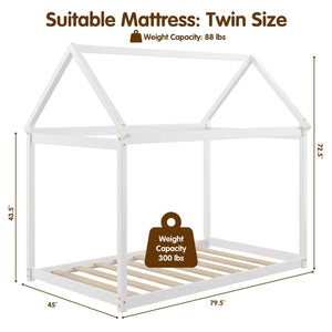 Lit maison Montessori blanc pour enfant avec toit décoratif et sommier à lattes – Bois massif