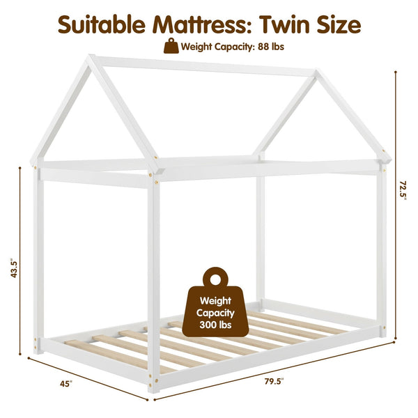 Lit maison Montessori blanc pour enfant avec toit décoratif et sommier à lattes – Bois massif