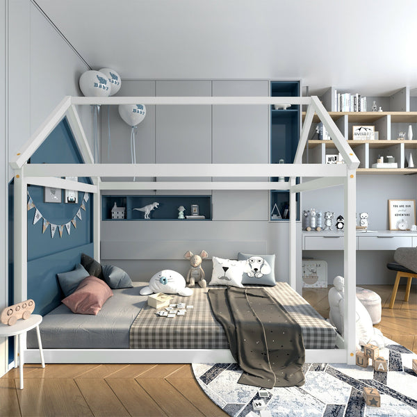 Lit maison Montessori blanc pour enfant avec toit décoratif et sommier à lattes – Bois massif