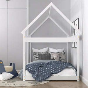 Lit maison Montessori blanc pour enfant avec toit décoratif et sommier à lattes – Bois massif