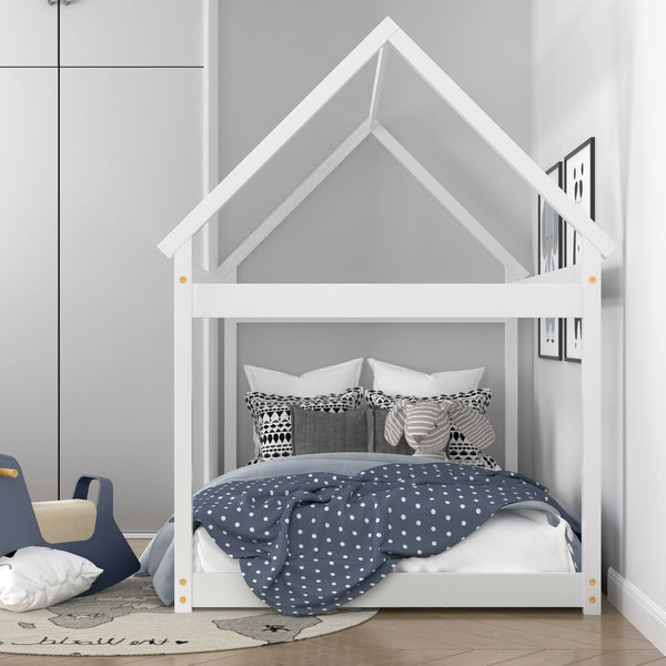 Lit maison Montessori blanc pour enfant avec toit décoratif et sommier à lattes – Bois massif