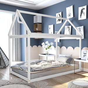Lit maison Montessori blanc pour enfant avec toit décoratif et sommier à lattes – Bois massif