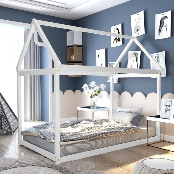 Lit maison Montessori blanc pour enfant avec toit décoratif et sommier à lattes – Bois massif