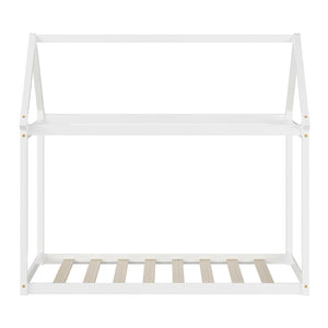 Lit maison Montessori blanc pour enfant avec toit décoratif et sommier à lattes – Bois massif