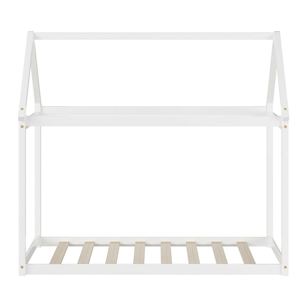 Lit maison Montessori blanc pour enfant avec toit décoratif et sommier à lattes – Bois massif