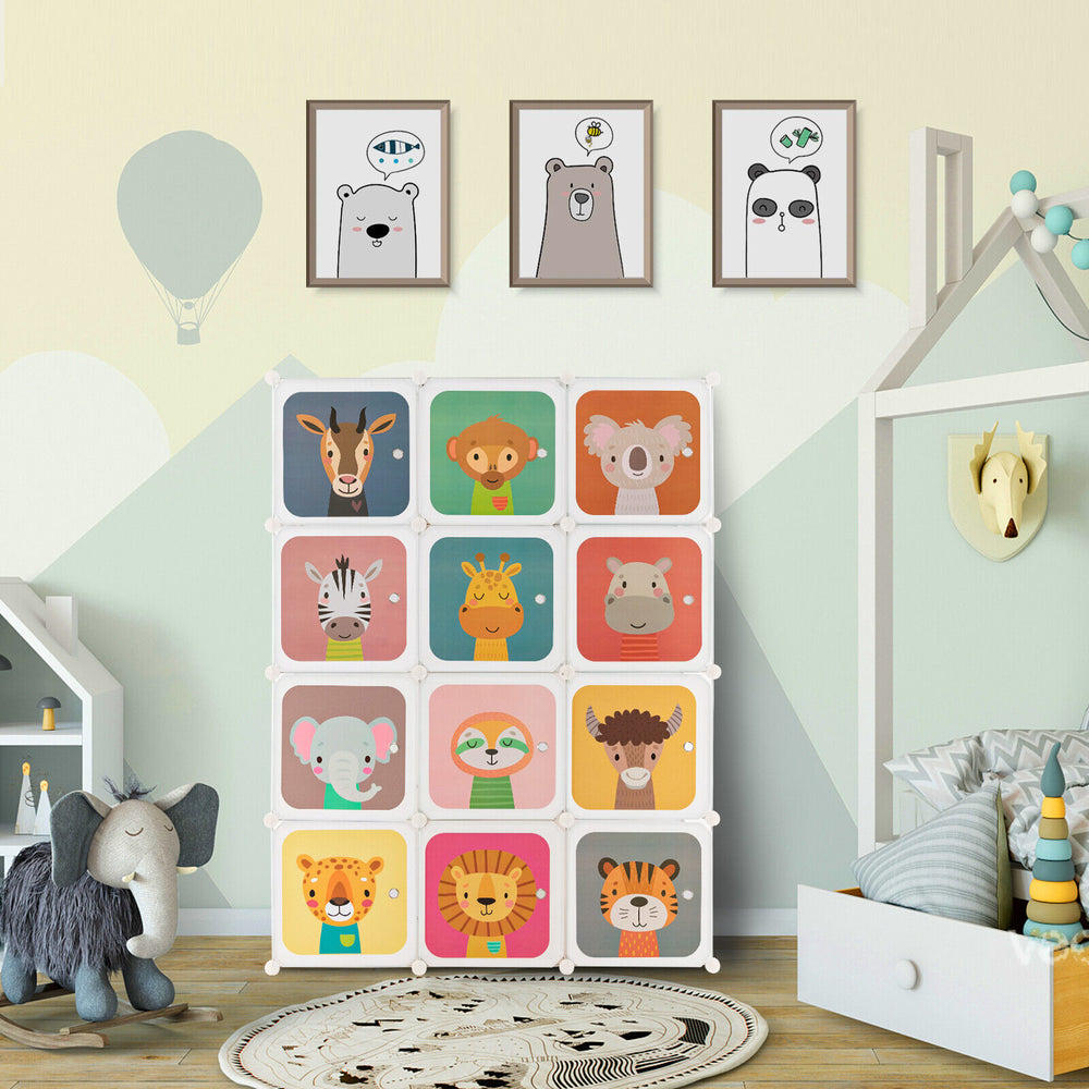Children's 12-cube storage unit with suspended section and doors