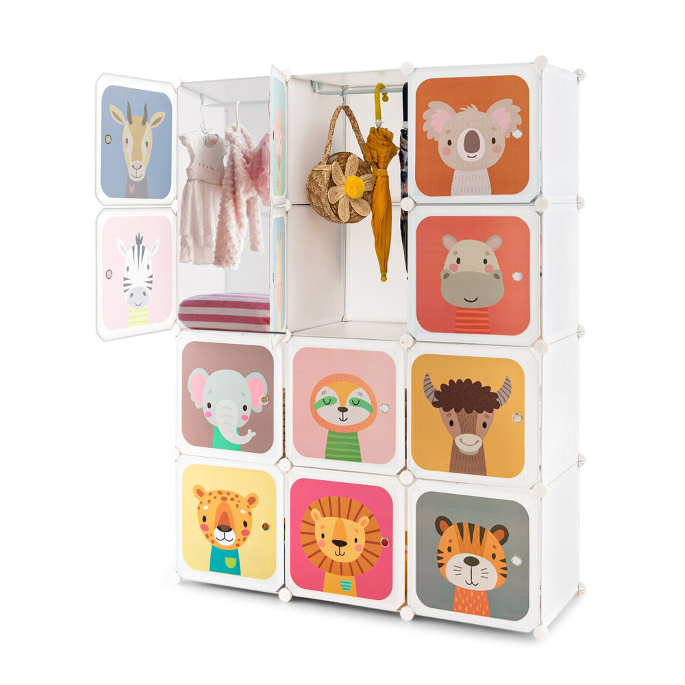 Children's 12-cube storage unit with suspended section and doors
