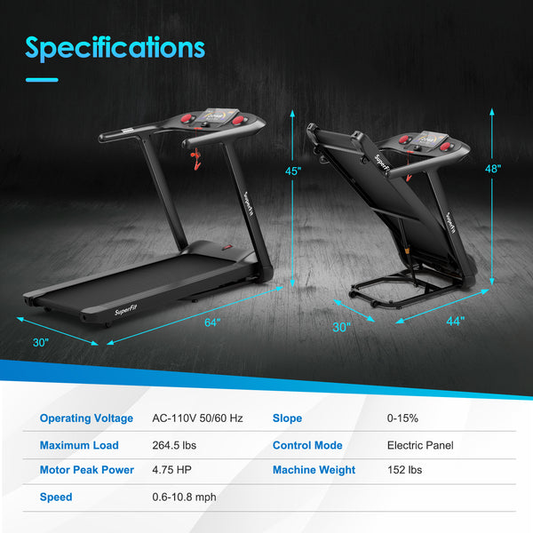 Folding treadmill, 4.75 HP, with pre-set programs and touchscreen control - Black