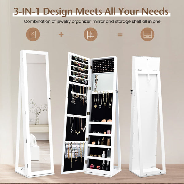 Armoire à bijoux autoportante verrouillable avec miroir pleine longueur