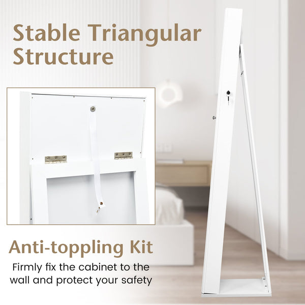 Armoire à bijoux autoportante verrouillable avec miroir pleine longueur