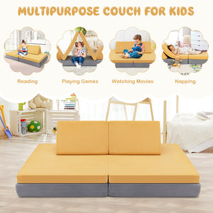 4-Piece Children's Convertible Sofa Set with 2 Folding Mats - Yellow