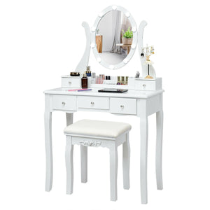 Ensemble de table de vanité à 10 lumières avec tabouret rembourré - Blanc