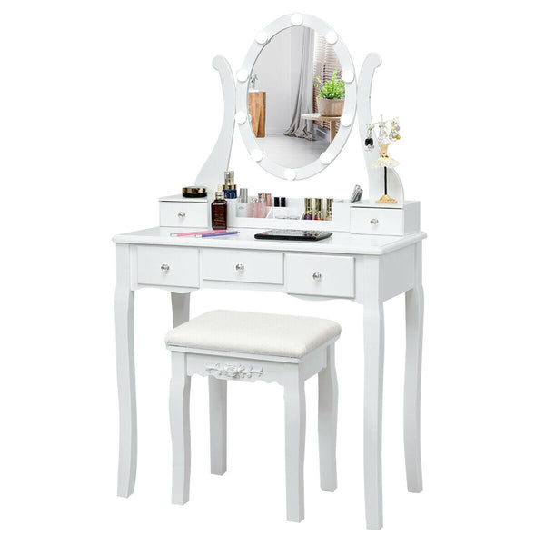 Ensemble de table de vanité à 10 lumières avec tabouret rembourré - Blanc