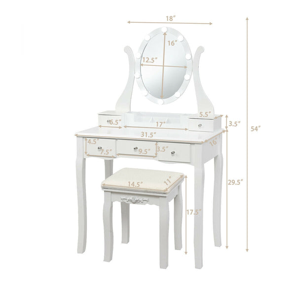 Ensemble de table de vanité à 10 lumières avec tabouret rembourré - Blanc
