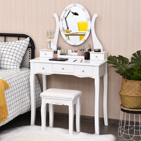 Ensemble de table de vanité à 10 lumières avec tabouret rembourré - Blanc
