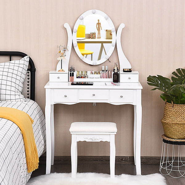Ensemble de table de vanité à 10 lumières avec tabouret rembourré - Blanc