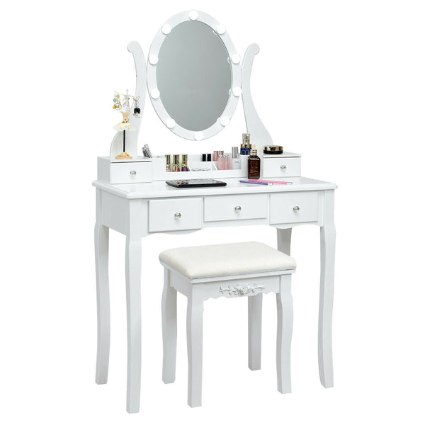 Ensemble de table de vanité à 10 lumières avec tabouret rembourré - Blanc