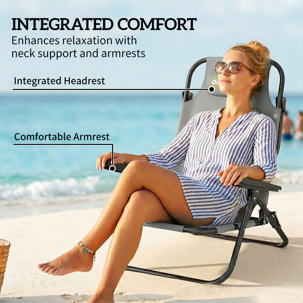 Set of 2 beach chairs, foldable and adjustable in 5 positions, with headrest and armrests, light gray.