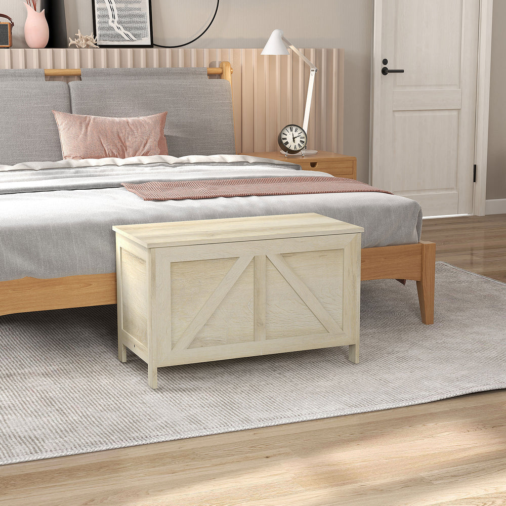 Farmhouse-style storage chest with safety hinge