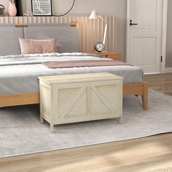 Farmhouse-style storage chest with safety hinge