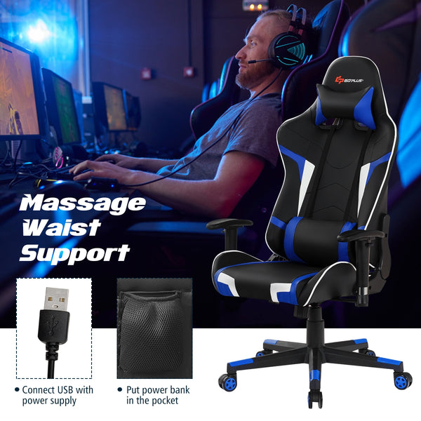 Swivel and reclining massage gaming chair with lumbar support - blue