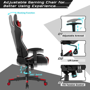 Swivel and reclining massage gaming chair with lumbar support - Red