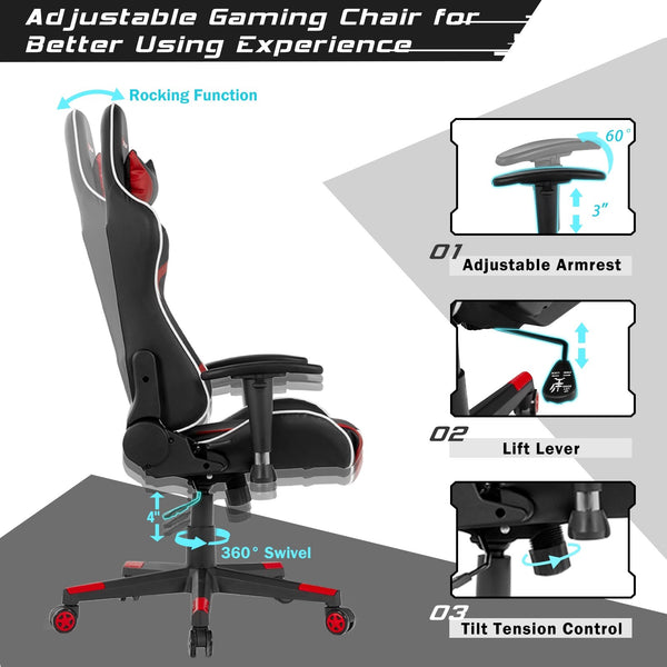 Swivel and reclining massage gaming chair with lumbar support - Red