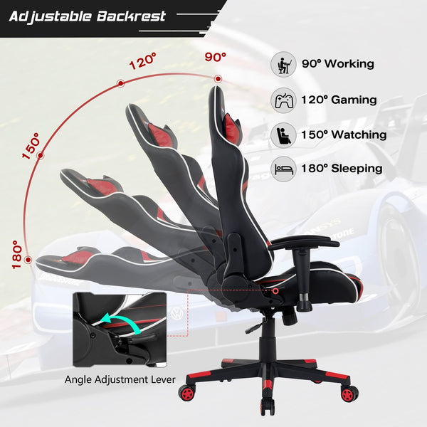 Swivel and reclining massage gaming chair with lumbar support - Red