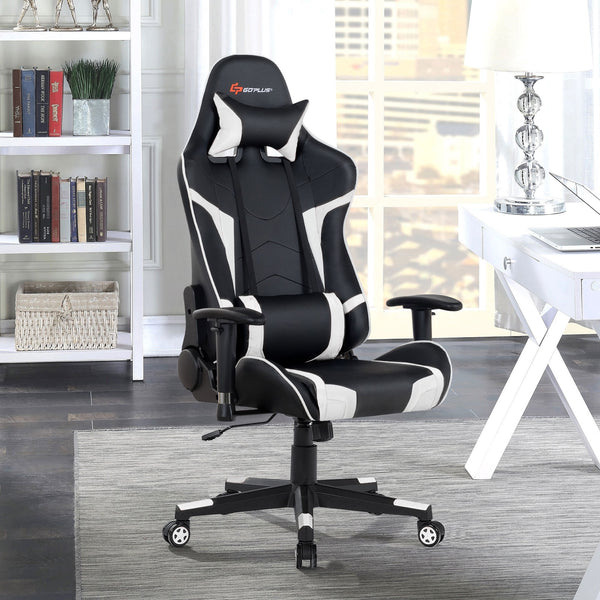 Swivel and reclining massage gaming chair with lumbar support - White