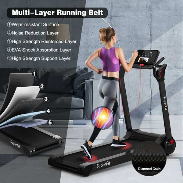 Motorized folding electric treadmill with LED display and app control - Black