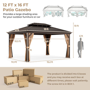 Gazebo à toit rigide à double toit de 12 pi x 16 pi avec toit en acier galvanisé - Café