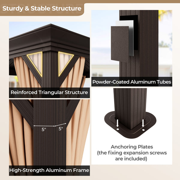 Gazebo à toit rigide à double toit de 12 pi x 16 pi avec toit en acier galvanisé - Café