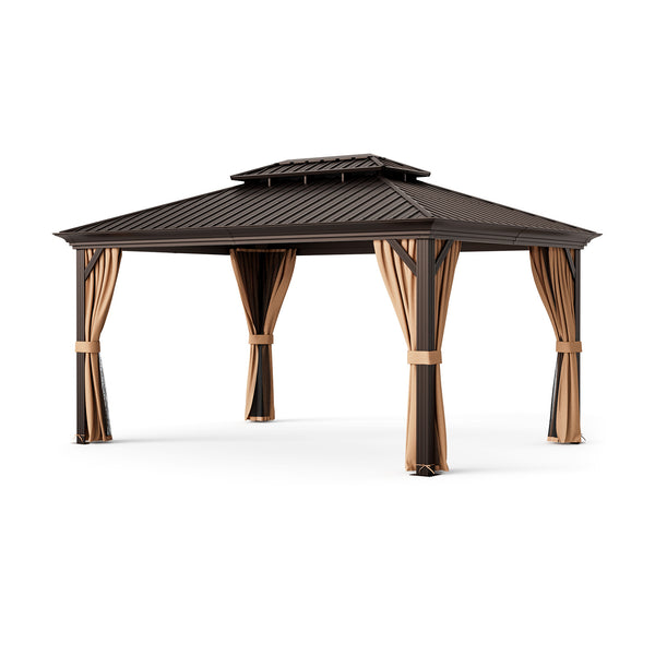 Gazebo à toit rigide à double toit de 12 pi x 16 pi avec toit en acier galvanisé - Café