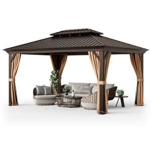 Gazebo à toit rigide à double toit de 12 pi x 16 pi avec toit en acier galvanisé - Café