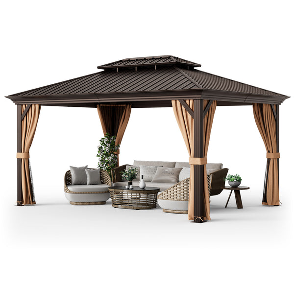Gazebo à toit rigide à double toit de 12 pi x 16 pi avec toit en acier galvanisé - Café