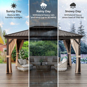 Gazebo à toit rigide à double toit de 12 pi x 16 pi avec toit en acier galvanisé - Café