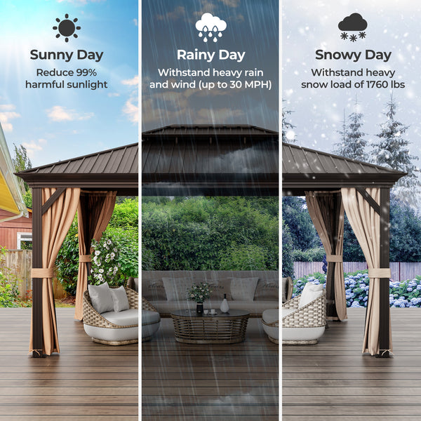 Gazebo à toit rigide à double toit de 12 pi x 16 pi avec toit en acier galvanisé - Café