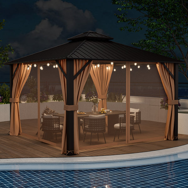 Gazebo à toit rigide à double toit de 12 x 12 pieds avec filet de toit en acier galvanisé et rideaux - Café