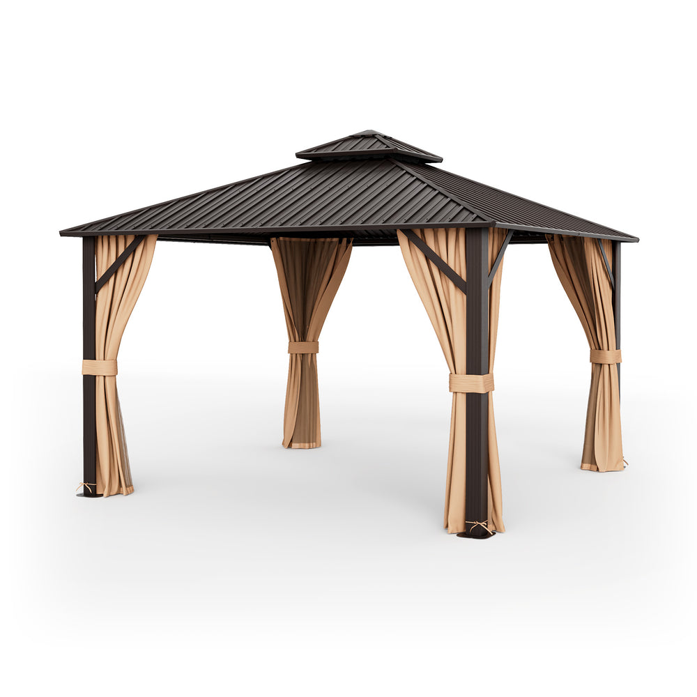 Gazebo à toit rigide à double toit de 12 x 12 pieds avec filet de toit en acier galvanisé et rideaux - Café